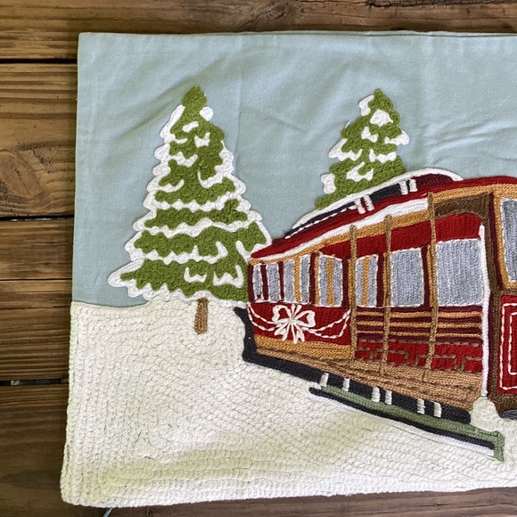 Pottery Barn Winter Wonderland Snow Streetcar Sleigh Crewel Lumbar Pillow Cover - Picture 2 of 16
